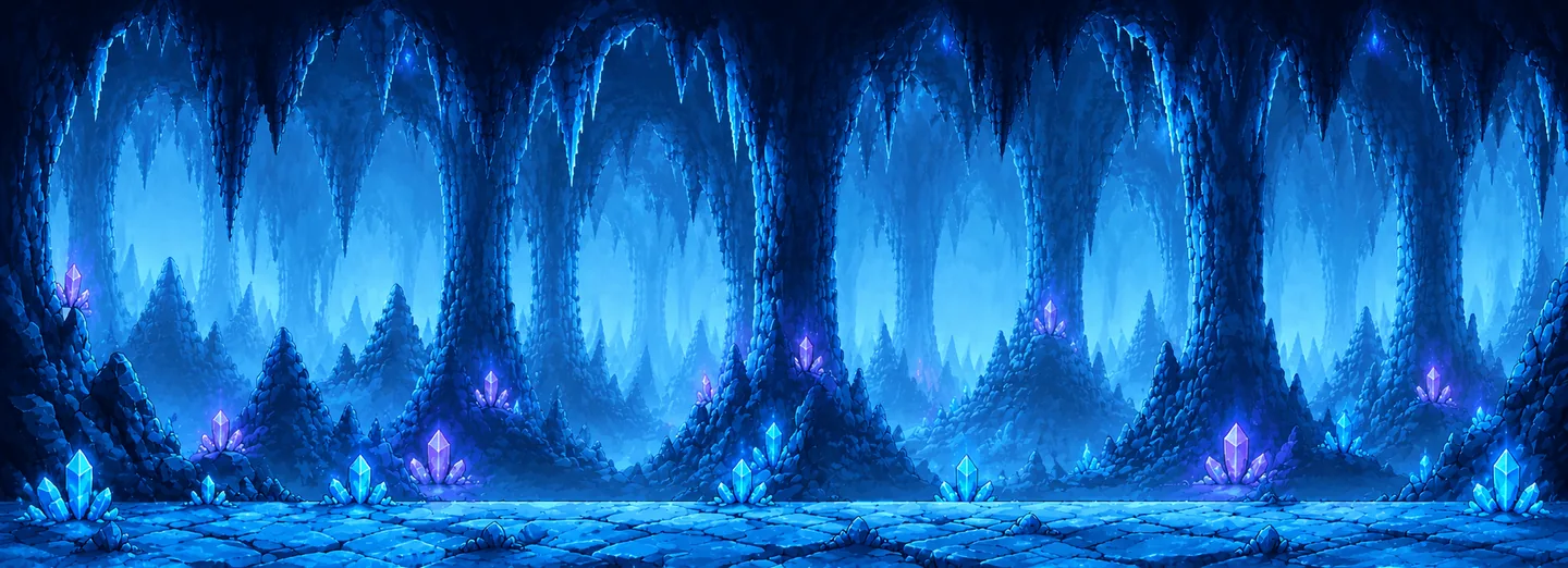 A blue ice cavern with hanging icicles and glowing crystals.