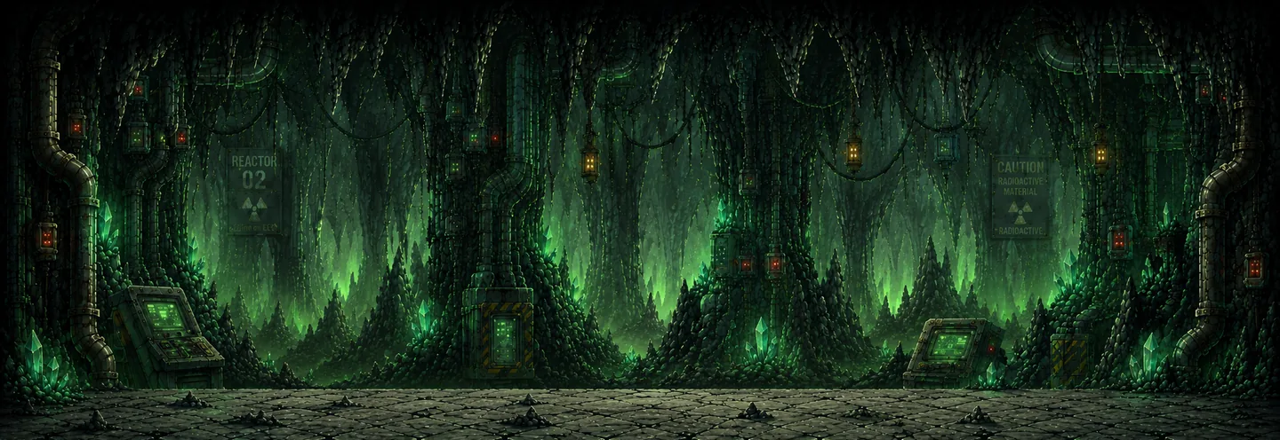 An abandoned reactor cavern filled with pipes, moss, and warning signs.