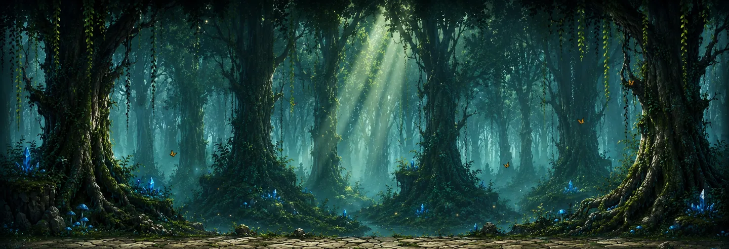 A green underground forest with mushrooms, roots, and blue crystals.