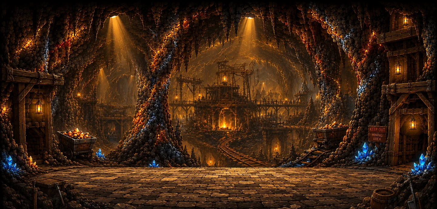 An amber mine with timber supports, carts, rails, and excavation machinery.