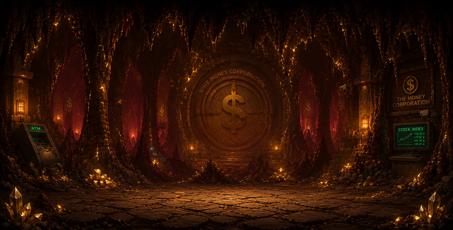 A gold-lit underground corporation with a vault door, screens, and machinery.