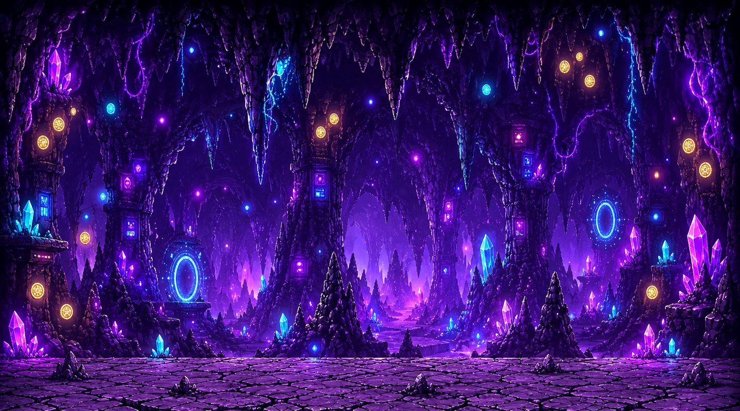 A deep purple crystal cavern with luminous machinery and stone platforms.